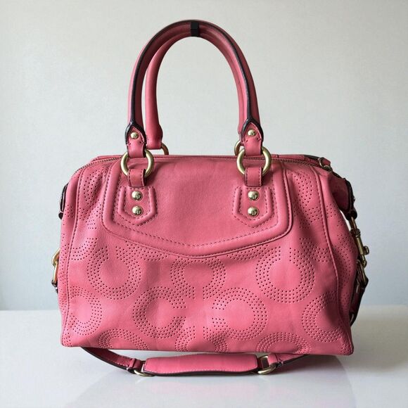 Coach Madison Perforated Leather Satchel Bag Coral Pink Gold Hardware Purse - Picture 3 of 12